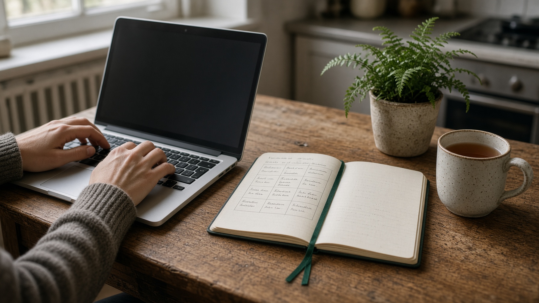 Hands typing on a laptop at a timber kitchen table, notebook and tea in morning light.