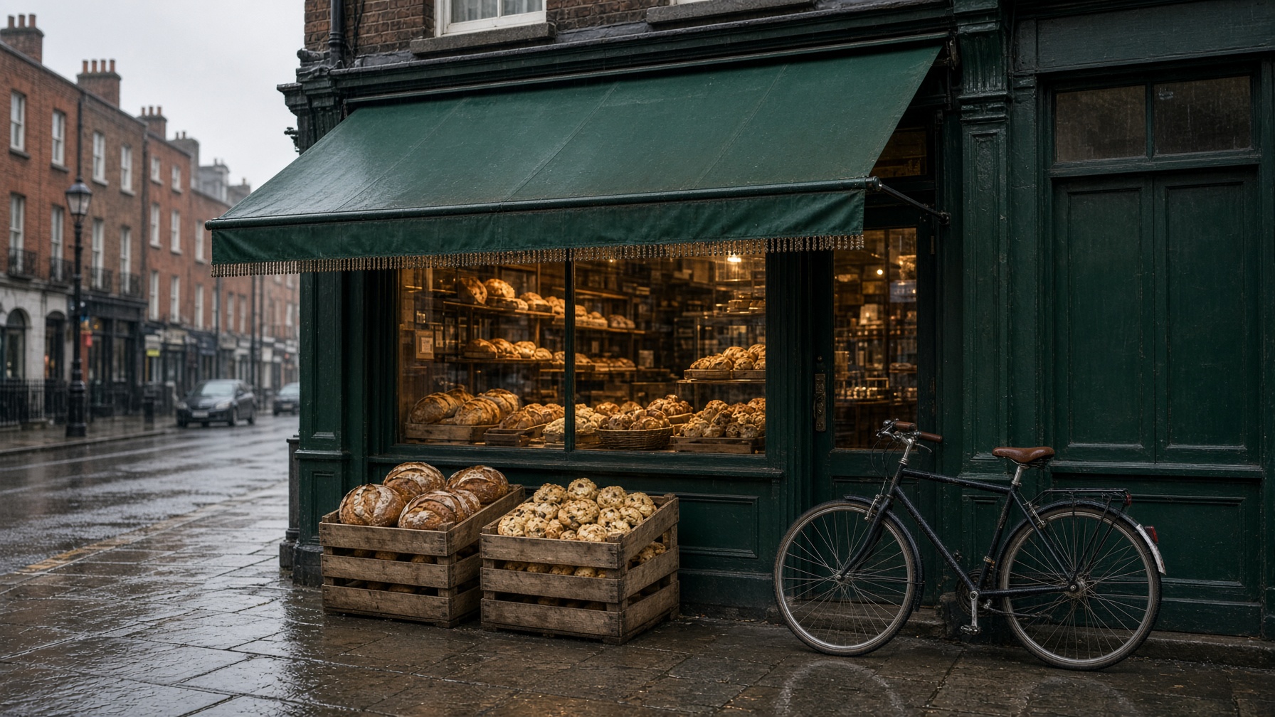 Dublin bakery with a deep emerald awning, crates of bread on wet pavement, bicycle leaning.