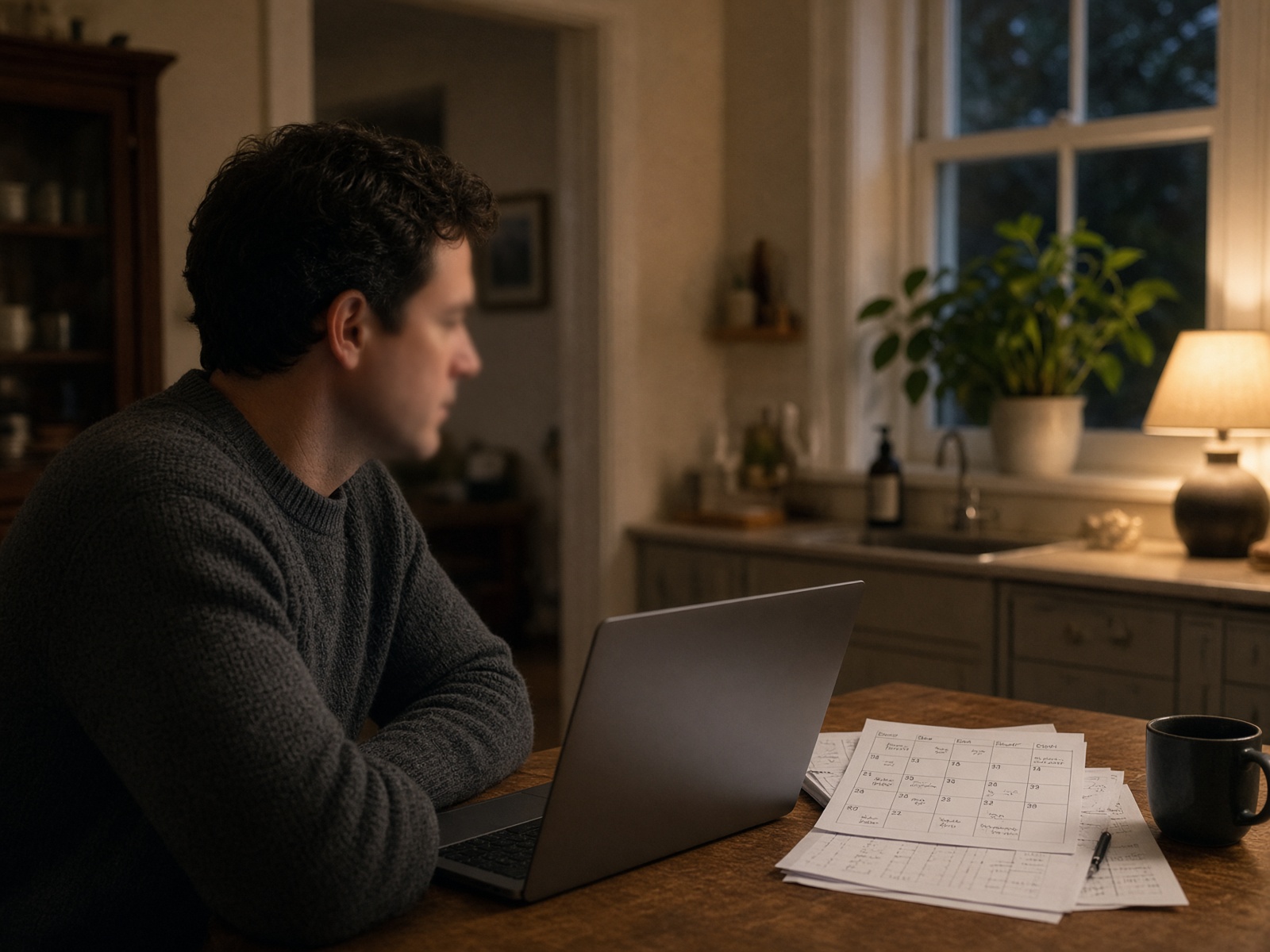 Person at a kitchen table after work, laptop and a hand-drawn monthly calendar.