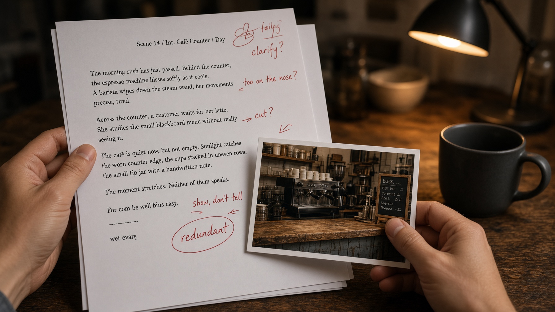 Hands holding printed caption sheets and a café photograph, pencil corrections in the margin.