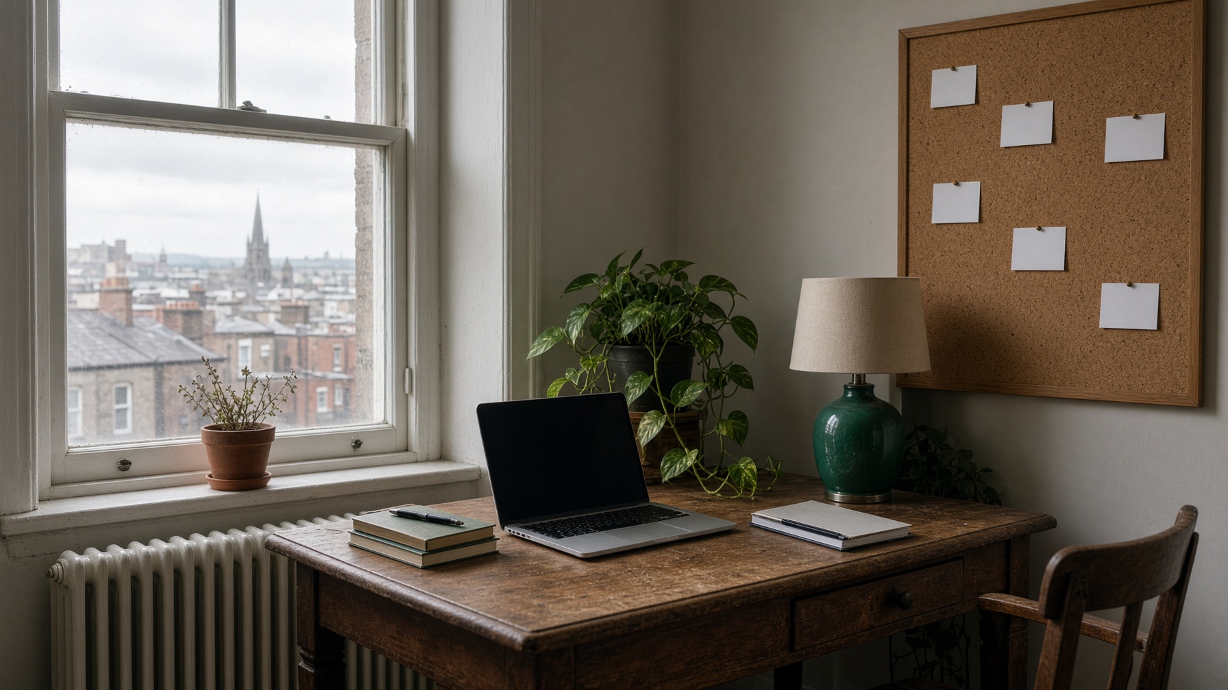 Home office corner in a Dublin apartment, laptop, plant and cork pinboard.