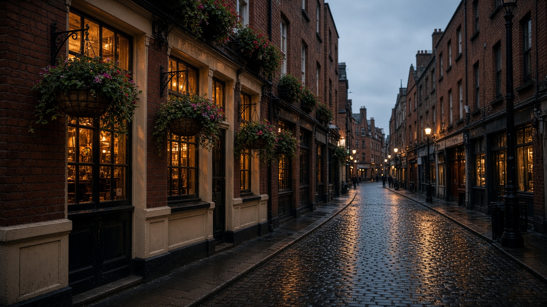 Fleet Street in Temple Bar at dusk, wet cobbles and warm windows.