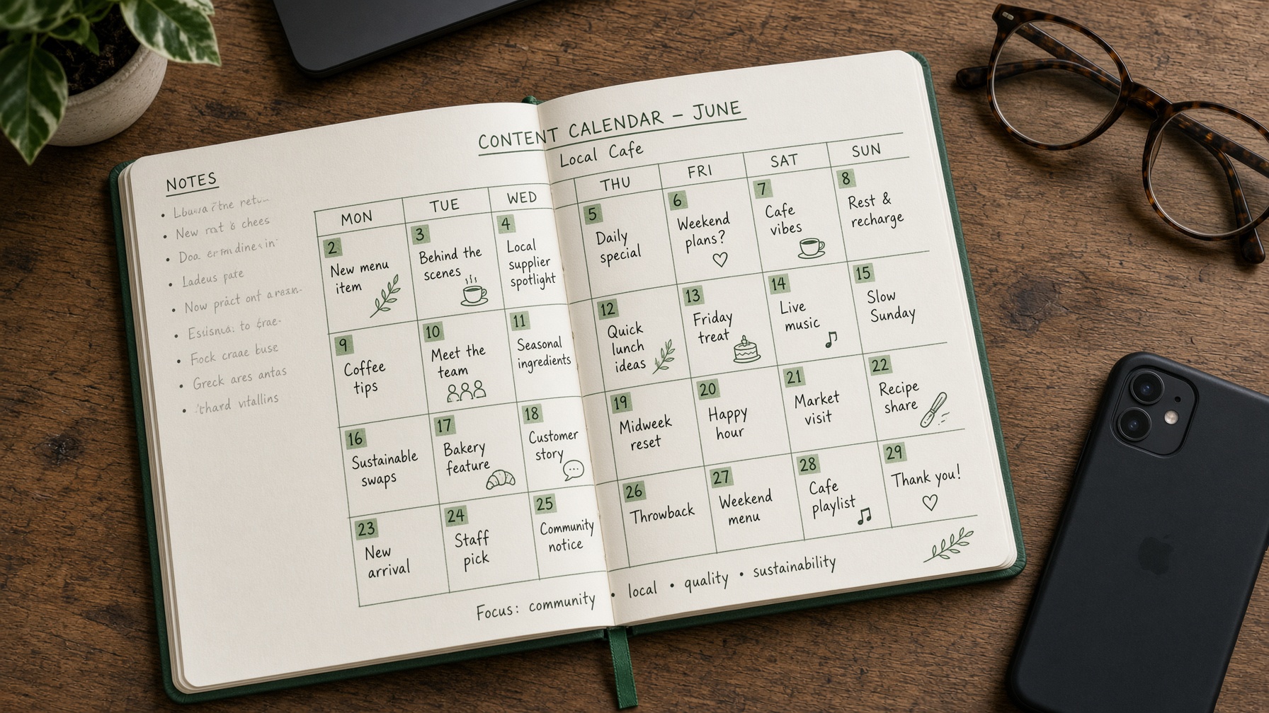 Open paper planner on a timber desk with green pencil marks and glasses.