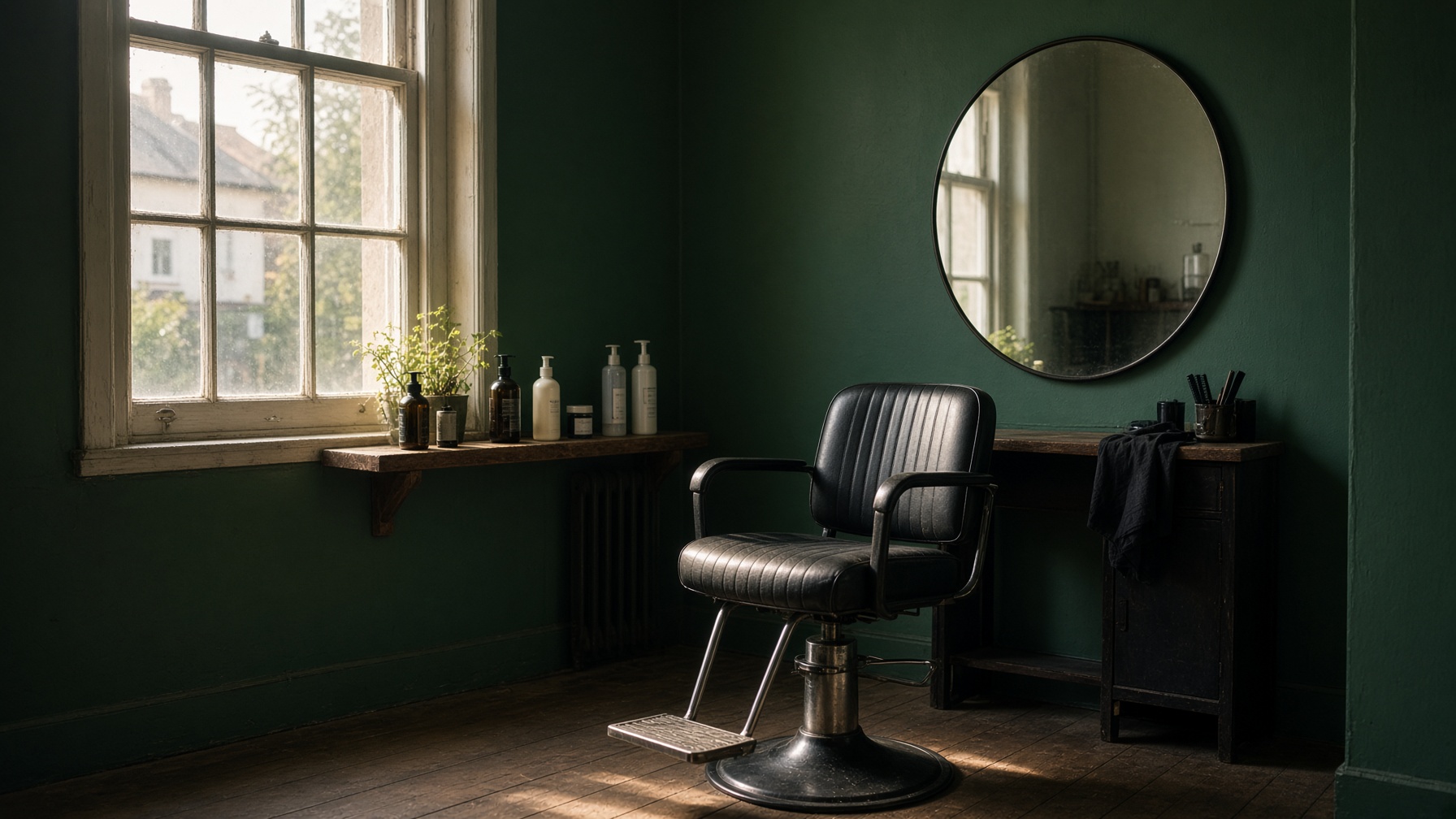 Quiet Irish hair salon after closing, empty chair, round mirror, green wall.