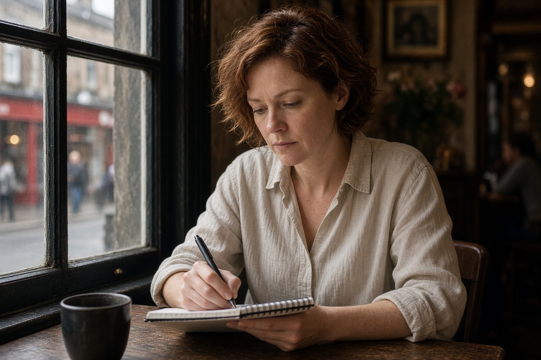 Maeve Dunne, columnist, writing in a Dublin café by a sash window.