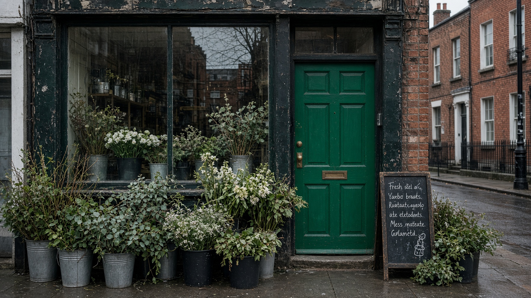 Small Dublin florist with an emerald door and buckets of greenery on the pavement.